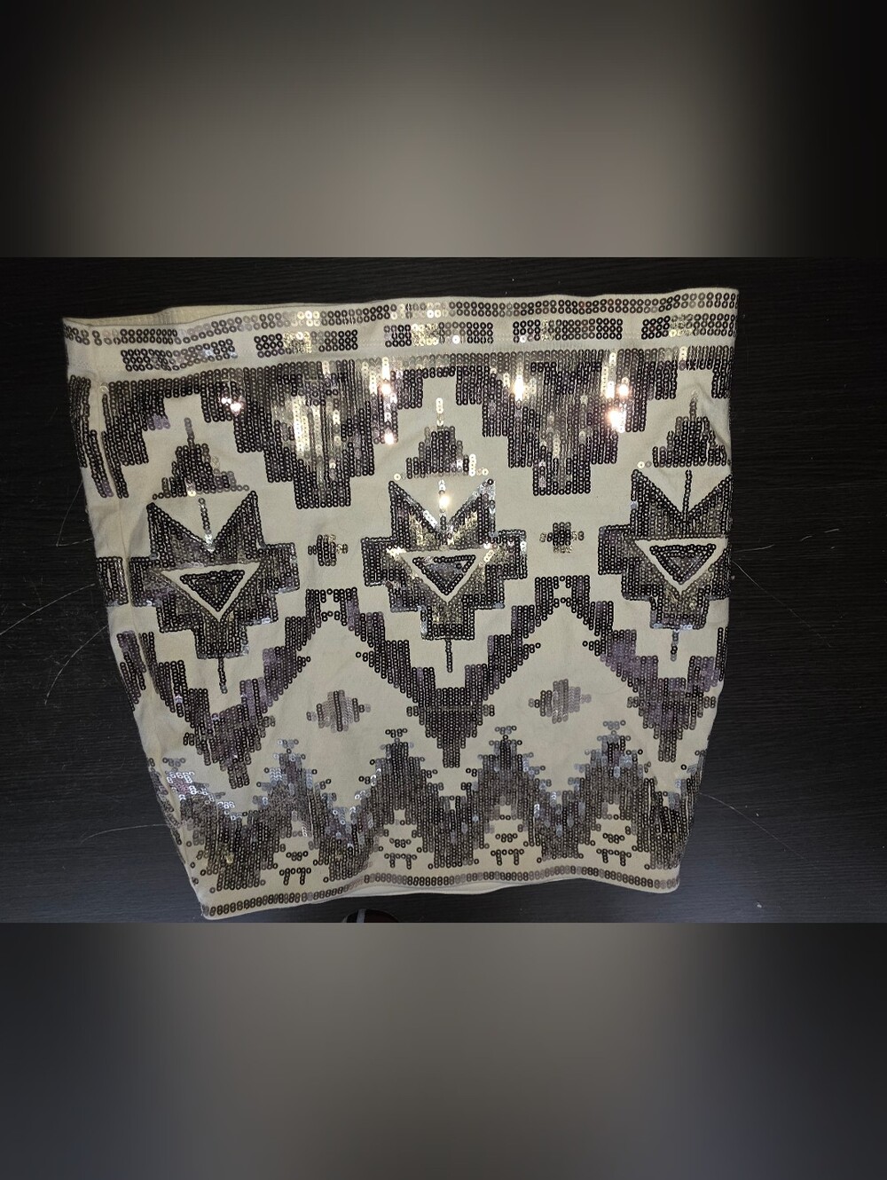 Express Cream Mini Skirt with Silver Sequin Geometric Pattern